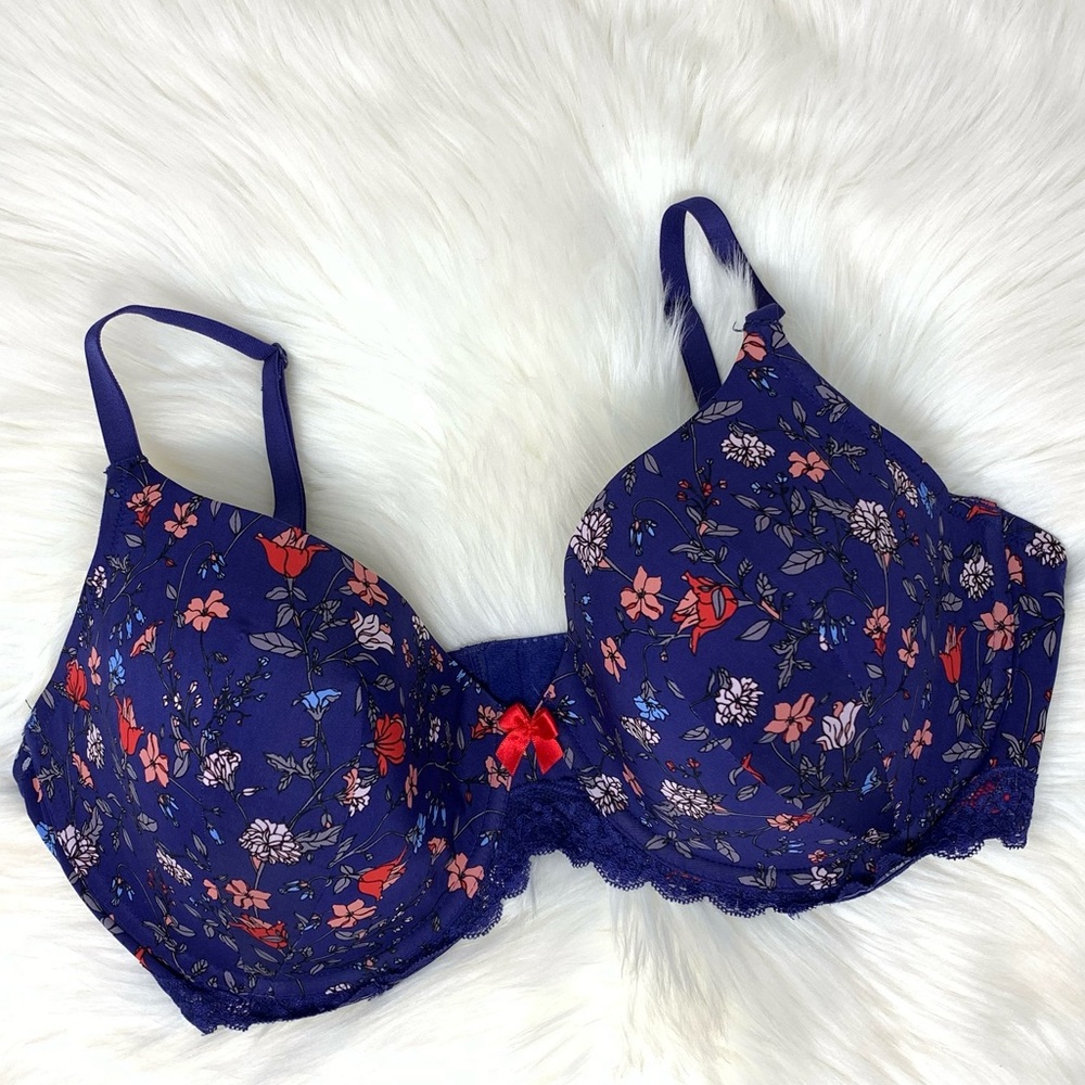 NEW Adore Me Lace Trim Navy Blue Floral Full Coverage Underwire Bra 38DD
